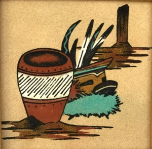 Native American Navajo Sand Painting Pottery and Kachina Head Signed Henry - Picture 1 of 5