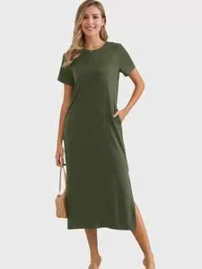 Naggoo Women's Short Sleeve Split Maxi Dress Casual Plain Tie Dye Print Tshirt - Picture 1 of 6