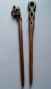 2 Stylish Chinese Retro Carved Wood Hair-pins/Sticks/Shawl Pins, Knot & Blossom - Picture 1 of 11