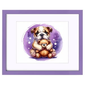 DigiPups Bulldog Cachorro Perro Y Oso de Peluche Púrpura Tema Impresión Arte Enmarcado - Imagen 1 de 4