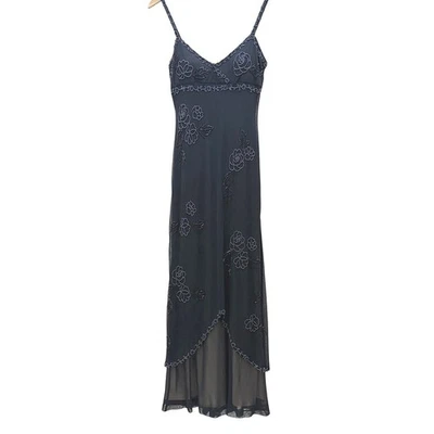 VTG Cache Maxi Black Beaded Floral Spaghetti Strap Dress Sz 2 Formal Party Gown - Image 1 of 4