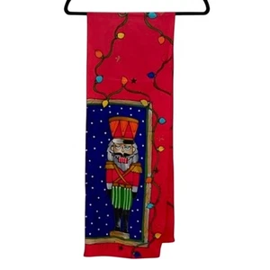 Hand Painted Silk Christmas Scarf Nutcracker Lights Red Blue Green Made in USA - Picture 1 of 5