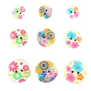 Boutons en bois impression fleurs B 1,5 à 2,5 cm 9 pièces - Imagen 1 de 1
