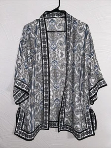 Max Studio XL 3/4 Sleeve Open Front Boho Kimono Cardigan Blue Multi Paisley - Picture 1 of 8