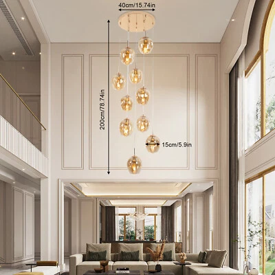 10 Glass Balls Staircase Chandelier Foyer  Long Pendant Light  For High Ceiling - Image 1 of 4