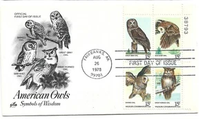 1978 FDC, AMERICAN OWLS, PLT BLK, - Picture 1 of 1