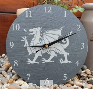 Welsh Slate Engraved Wall Clock 'Welsh Dragon with Imprint' Battery Included - Picture 1 of 5