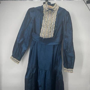 Abito vintage etichetta blu 1800 maxi 28” vita manica lunga raso prateria vittoriana - Foto 1 di 14