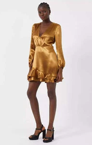 French Connection Womens Gold Satin Mini Dress V-Neck Long Sleeve RRP £75 - Picture 1 of 23