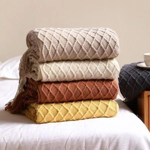 Knitted Throw Blanket with Tassels Soft Warm Farmhouse for Bed Couch Chair Sofa - Picture 1 of 17