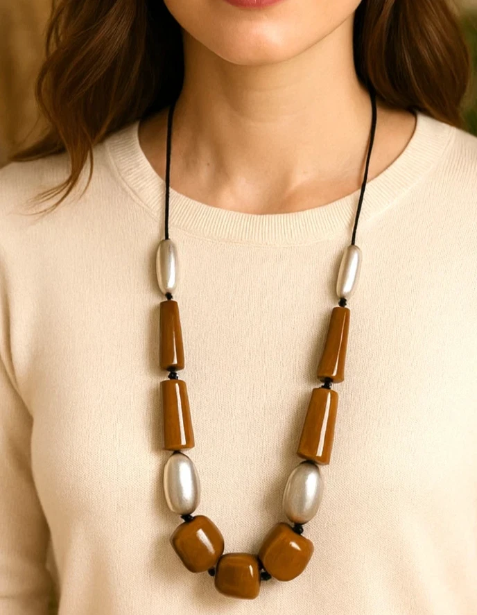 Collar J. Jill Declaración Metálico Plata Marrón Cuentas Ajustable Nuevo Con Etiquetas Foto 1 de 4