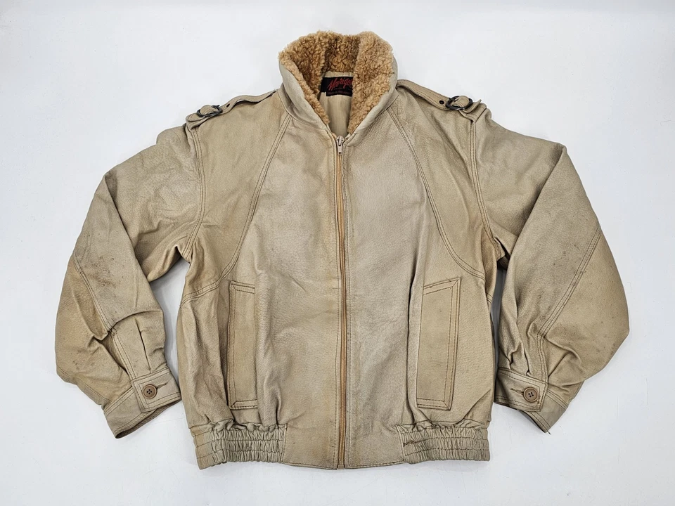 RARE VTG Marigot Leather Aviator Jacket Fur Size Small Beige MADE IN YUGOSLAVIA - Image 1 of 4