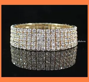 VEGAS AUSTRIAN STRASS KRISTALL STRETCH ARMREIF ARMBAND 5 REIHIG BRAUT - GOLD - Bild 1 von 4