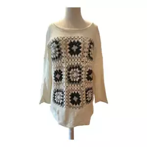 Women’s Large Akira Pullover Sweater Ivory Blue Ivory Tan Crochet Granny Squa - Picture 1 of 3