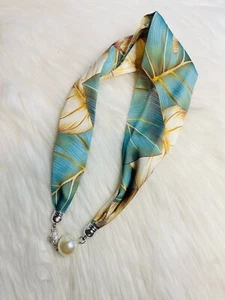Satin Scarf Green Yellow Necklace Magnetic Closure Multi-Color Hobo Bohemian New - Picture 1 of 2
