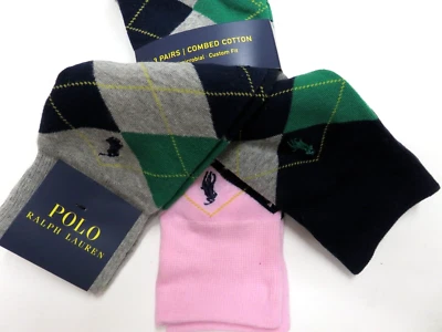 NEW Polo Ralph Lauren mens socks 3 pairs navy blue grey green pink argyle