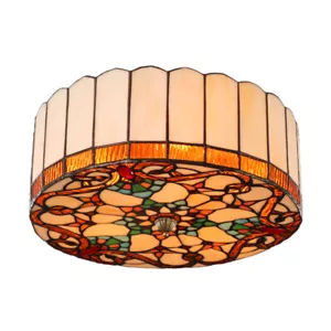 Retro Tiffany Ceiling Light Round Stained Glass Flush Mount Ceiling Lamp Fixture - Picture 1 of 10