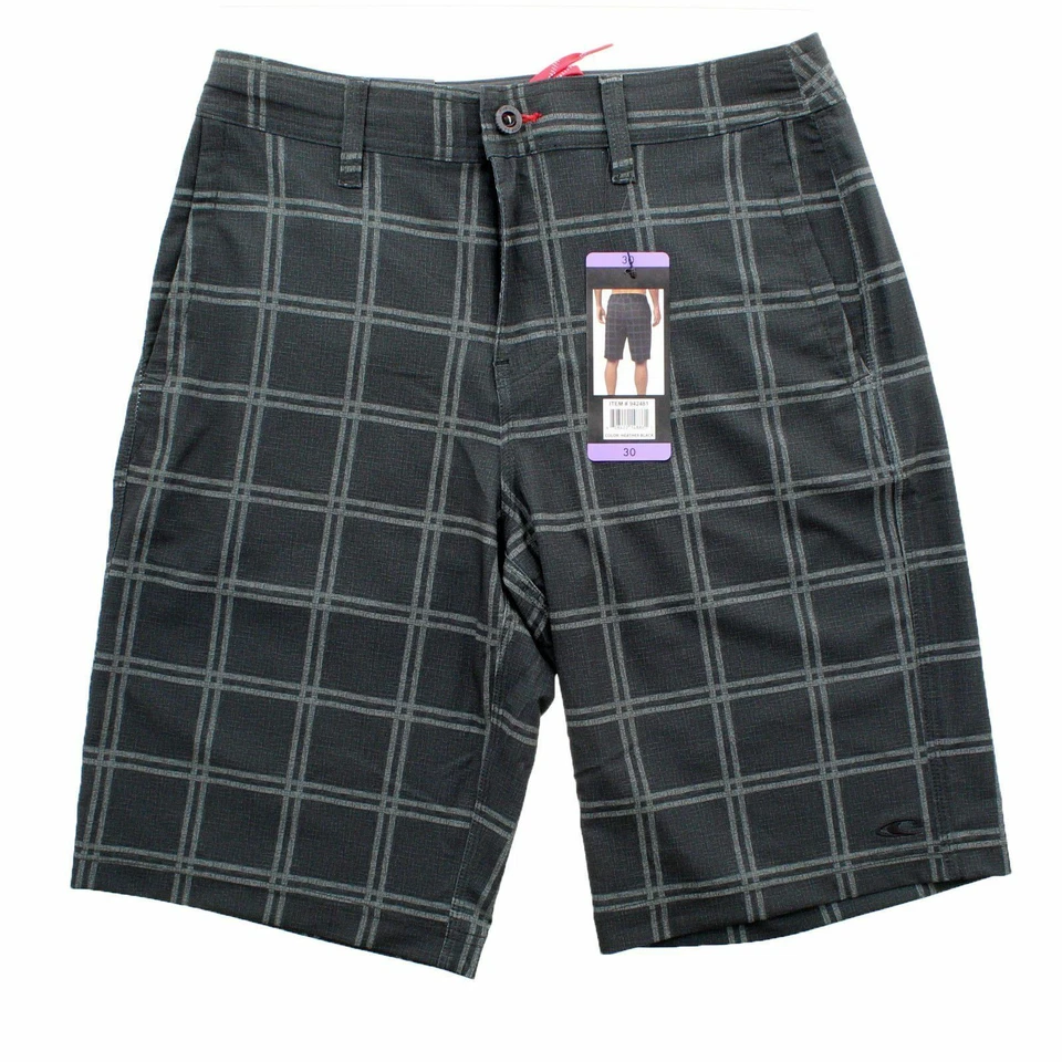 O'Neill Mens Black Plaid Hybrid Shorts 4 Way Stretch Flat Front Size 34