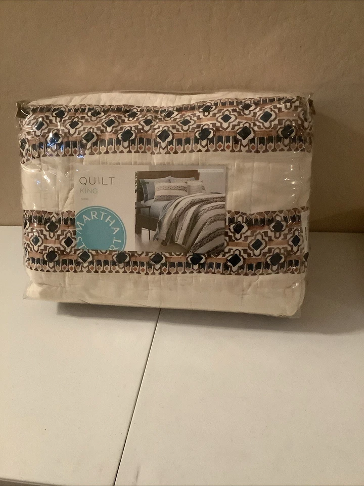 Edredón Martha Stewart Beige Marrón Negro Plisado King 100% Algodón Foto 1 de 2