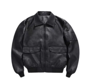 Men’s Real Leather Sheepskin Varsity Bomber Flight Military Style Jacket Black - Picture 1 of 4