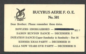 Ca 1952 PC BUCYRUS AERIE F O E #501 EVENTS, MINT - Picture 1 of 1