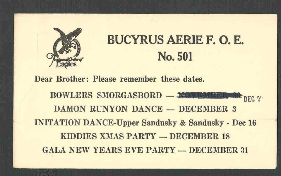 Ca 1952 PC BUCYRUS AERIE F O E #501 EVENTS, MINT - Image 1 of 1