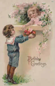 VTG Postcard - Birthday - Boy Giving Girl Basket of Flowers - Used/Posted - Picture 1 of 2