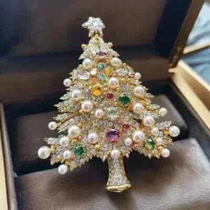 3Ct Round Cut Lab Created Pearl Christmas Tree Brooch Pin 14K Yellow Gold Plated - Picture 1 of 7