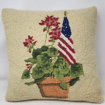 16"x16" American USA Flag Hooked Pillow Red Potted Flowers Holiday Decor - Image 1 of 4