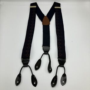 Suspenders Navy Blue Dotted Diagonal Square Pattern Brass Adjusters Leather Ends