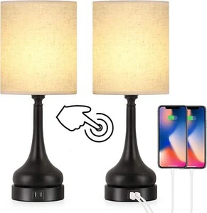 Touch Lamps Set of 2 w/Dual USB Ports Bedside Table Lamp for Bedroom Living Room - Picture 1 of 10