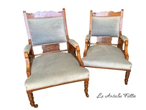 Coppia di Poltrone Antiche Stile Inglese "Lui e Lei" in Legno Intarsiato rotelle - Picture 1 of 24