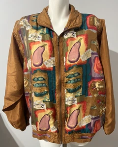 EVR Div Rousso Large Light Brown Multi Silk Windbreaker Jacket Vest VTG - Picture 1 of 7