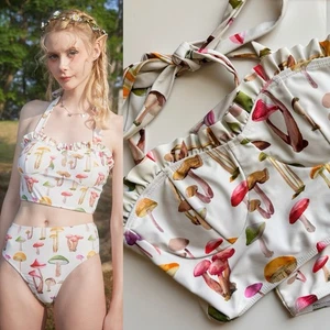 NEW Romwe Two Piece Bikini Swimset Womens XS Mushrooms Fairycore Ruffles Beach - Picture 1 of 11