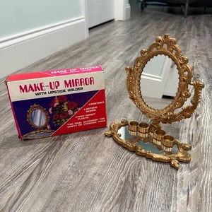 Vintage Make Up Kosmetikspiegel mit Lippenstift Halter Kunststil Kunststoff Gold - Bild 1 von 13