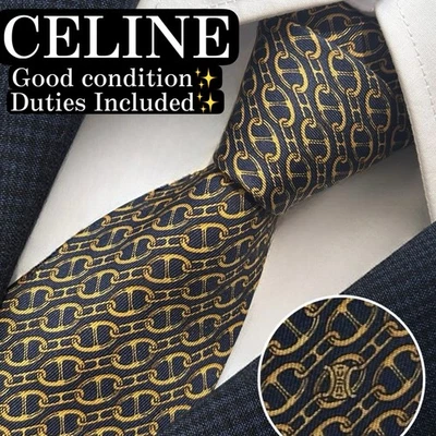 CELINE Paris Silk Tie Navy Gold Chain Triomphe Pattern Made in Spain Good - Image 1 of 4