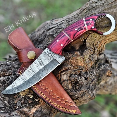 Cuchillo desollador afilado de caza/camping de acero Damasco hecho a mano de 8’’’ con funda Foto 1 de 4