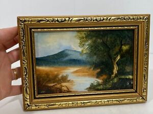 Signed Miniature Watercolor Landscape Mountain River Painting