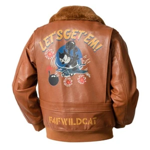 Men'S Goat Leather Jacket With Wool Collar And Felix The Cat Pattern - Picture 1 of 15