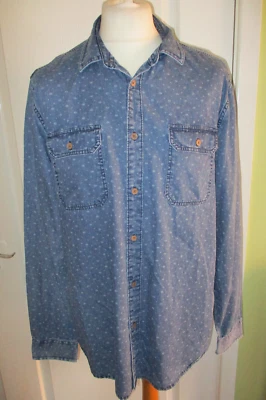 BURTON MENSWEAR BLUE PATTERNED DENIM SHIRT SIZE XL - Image 1 of 4