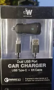 Just Wireless - Dual USB Type C - Car Adapter 17W / 3.4 Amp 6ft Cable- Brand NEW - Picture 1 of 3