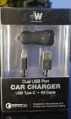 Just Wireless - Dual USB Type C - Car Adapter 17W / 3.4 Amp 6ft Cable- Brand NEW - Image 1 of 3