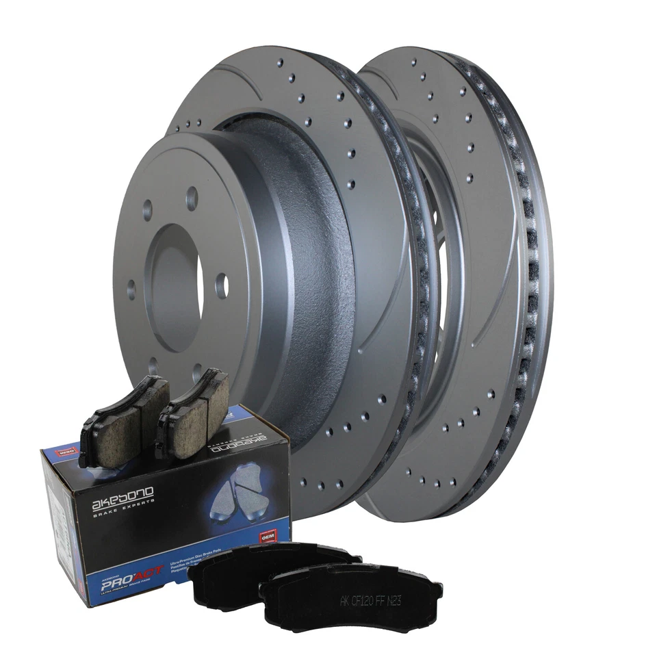 Kit de frenos traseros rotores perforados de 348 mm y pastillas de cerámica Akebono ProACT para Ford F-150 Foto 1 de 4