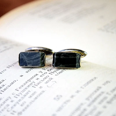 Abotoaduras masculinas soviéticas com cristal ônix verde prata esterlina vintage - Imagem 1 de 4