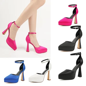 Womens Pointed Toe Platform Pumps Chunky High Block Heels Slip On Office Shoes - Picture 1 of 37