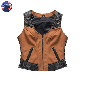 Womens Brown Leather Vest Biker Club Genuine Cowhide Motorcycle Western Riding - Picture 1 of 5