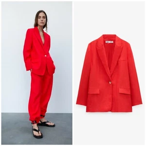 BNWT ZARA RED STRAIGHT LINEN BLAZER - SIZE S - RRP £69.99 - 8195/813 - Picture 1 of 6