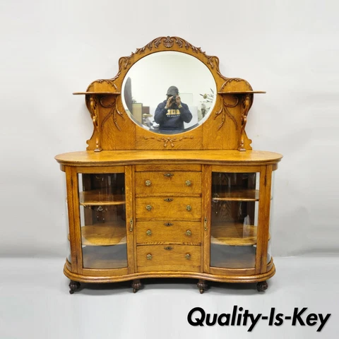Antique Victorian Tiger Oak Carved Paw Feet Sideboard Buffet China Cabinet Base Cover