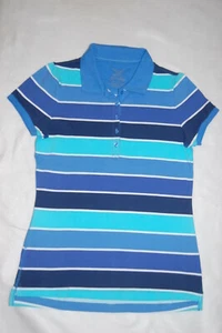 Womens S/S Knit Polo Shirt TURQUOISE BLUE & NAVY STRIPES Cap Sleeve S 4-6 - Picture 1 of 1