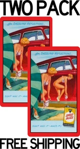 TWO VINTAGE STYLE PINUP MAC'S SPEED GLAZE DECAL STICKER LABEL 1950's FREE SHIP - Picture 1 of 2